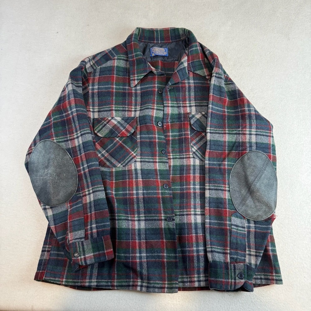 Pendleton Wool Flannel Shirt Mens XL Plaid Green Red Leather Elbow Patch USA
